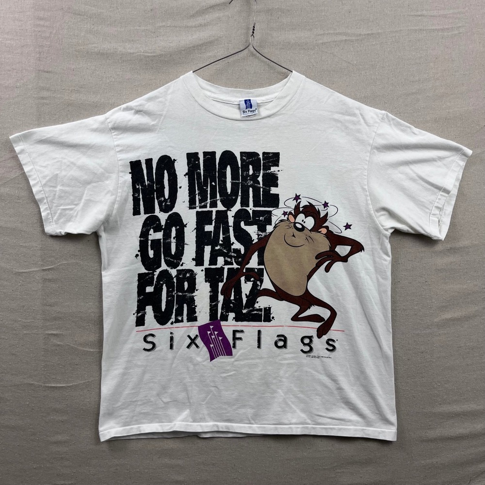 Six Flags T-Shirt Mens L/XL White 1996 Looney Tunes Taz No More Go Fast Graphic